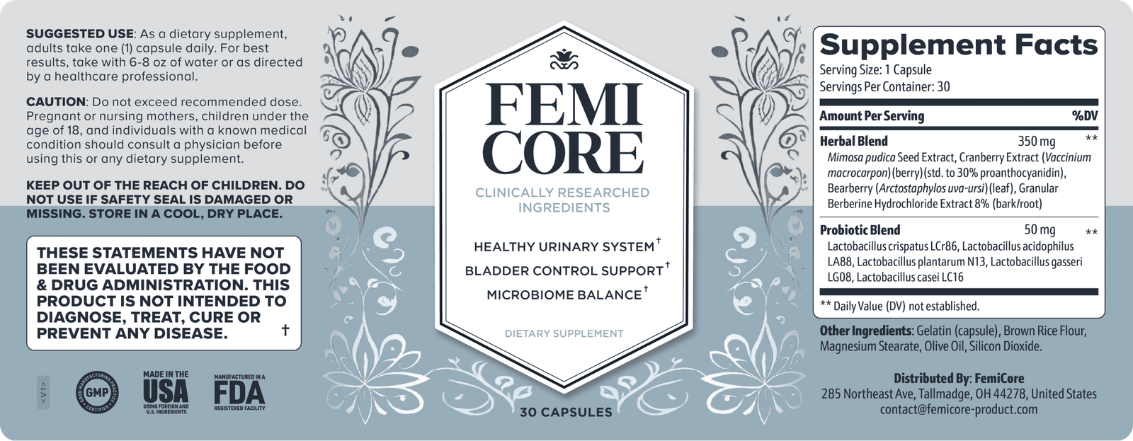 Femicore Supplement Label